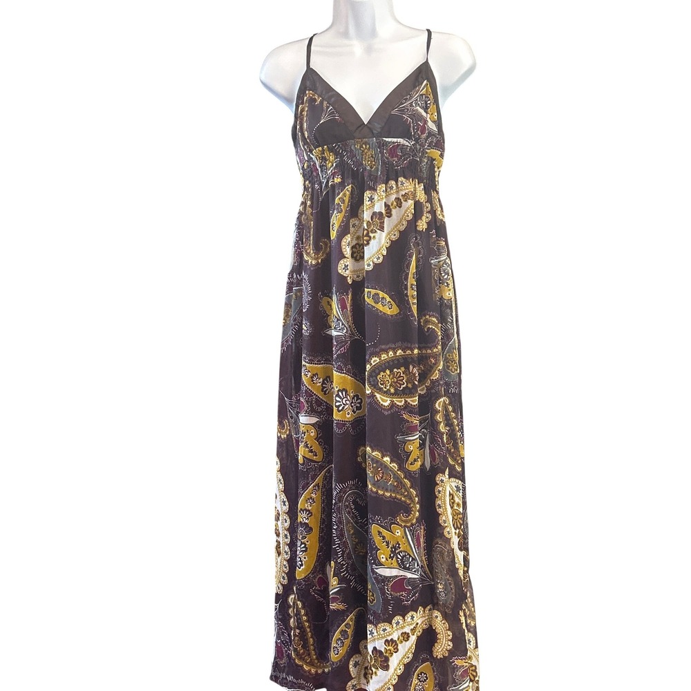 Boho Paisley Maxi Dress Brown Yellow Spaghetti Strap Pink Collection Size M